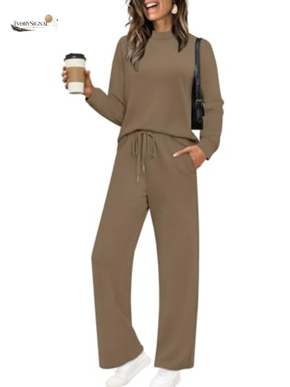 Two Piece Lounge Set Women Wide Leg Pants Drawstring Mock Neck Long Sleeve